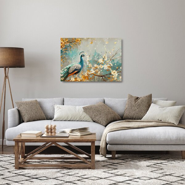 Sklenený obraz - Páv so zlatým dekorom (70x50 cm)