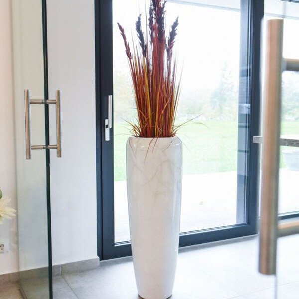 Vysoký kvetináč CAVITA 97, sklolaminát, výška 97 cm, biely mramor, lesk