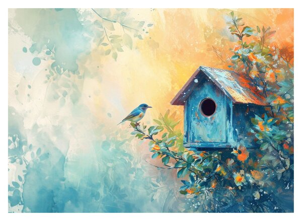 Sklenený obraz - Vtáčia búdka, akvarel (70x50 cm)