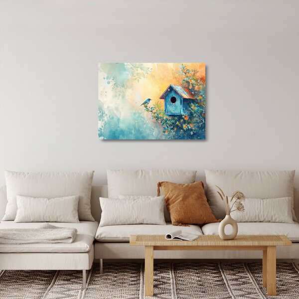 Sklenený obraz - Vtáčia búdka, akvarel (70x50 cm)