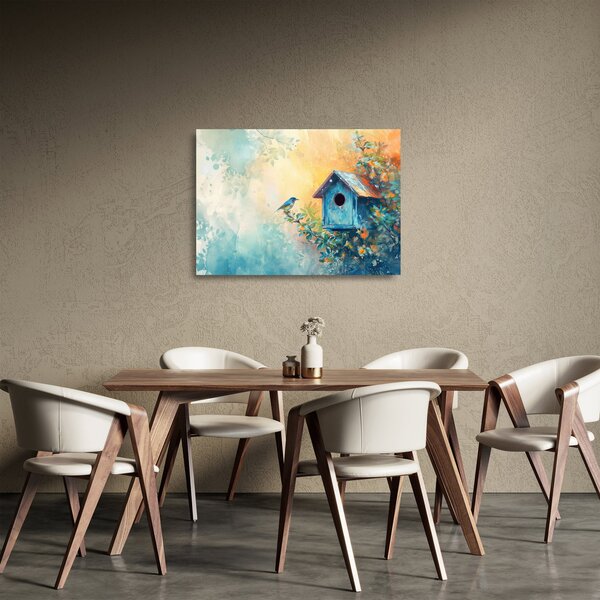 Sklenený obraz - Vtáčia búdka, akvarel (70x50 cm)