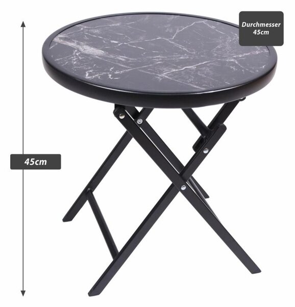 Záhradný bistro stolík, skladací, Ø 45 cm, čierny mramor