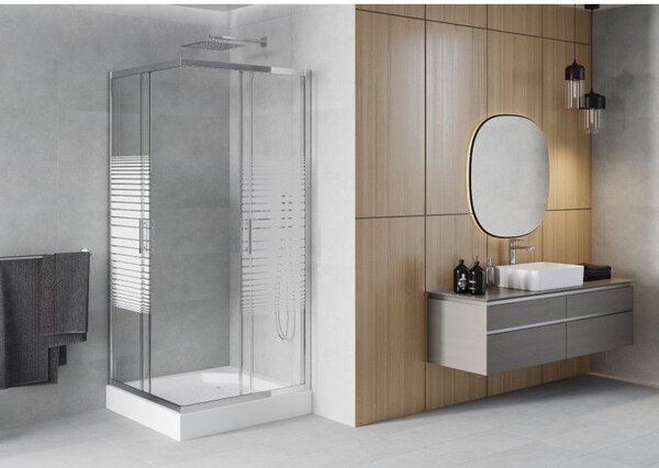 Mexen Rio štvorcový sprchový kút 90 x 90 cm, biele pruhy, chróm + sprchová vanička, biela - 860-090-090-01-20-4510