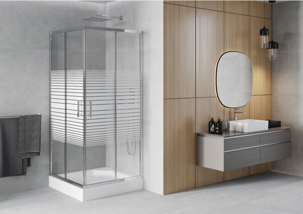 Mexen Rio štvorcový sprchový kút 90 x 90 cm, biele pruhy, chróm + sprchová vanička, biela - 860-090-090-01-20-4510