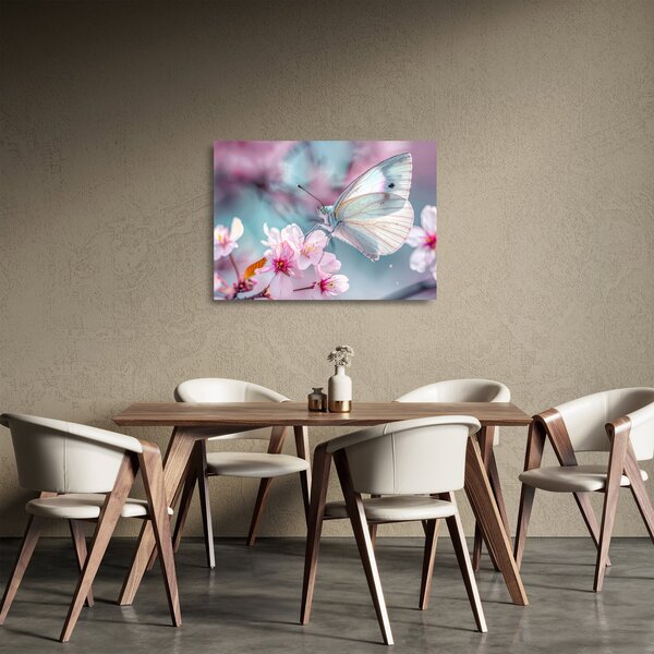 Sklenený obraz - Motýľ na čerešni (70x50 cm)