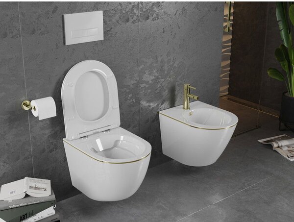 Mexen Lena WC misa Rimless so sedadlom s pomalým zatváraním slim, duroplast, biela/zlatá línia - 30224005