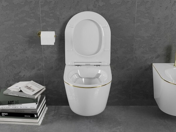 Mexen Lena WC misa Rimless so sedadlom s pomalým zatváraním slim, duroplast, biela/zlatá línia - 30224005
