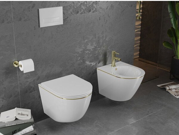 Mexen Lena WC misa Rimless so sedadlom s pomalým zatváraním slim, duroplast, biela/zlatá línia - 30224005