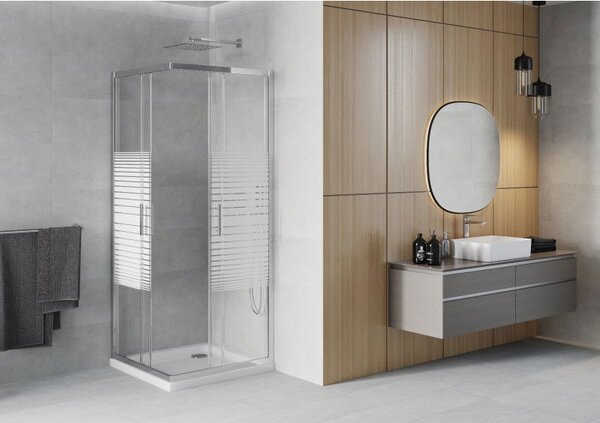 Mexen Rio štvorcový sprchový kút 70 x 70 cm, biele pruhy, chróm + Flat vanička, biela - 860-070-070-01-20-4010