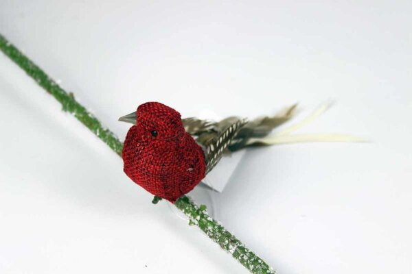Červený dekoračný vtáčik na štipci 13cm