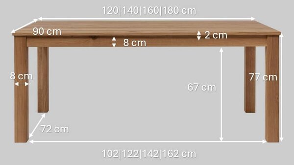 Kuchynský stôl Dublin z dubového dreva (vrchná doska 2,2 cm) - 1200x800x22mm