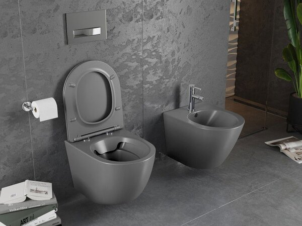 Mexen Lena WC misa Rimless s pomaly zatváracou doskou slim, duroplast, sivá tmavá mat - 30224071