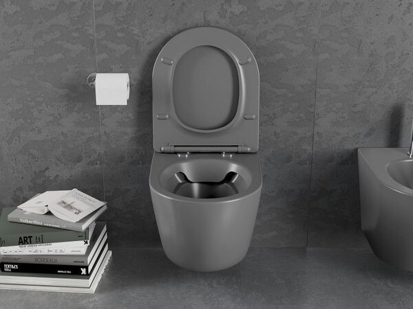 Mexen Lena WC misa Rimless s pomaly zatváracou doskou slim, duroplast, sivá tmavá mat - 30224071