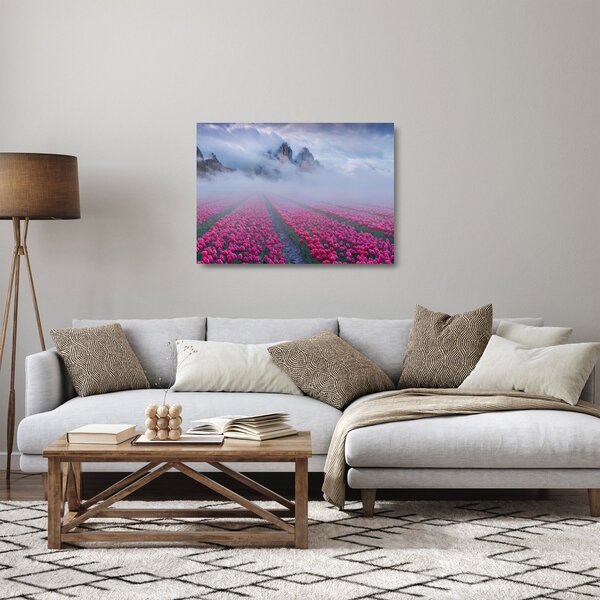 Sklenený obraz - Krajina s tulipánovými poľami (70x50 cm)