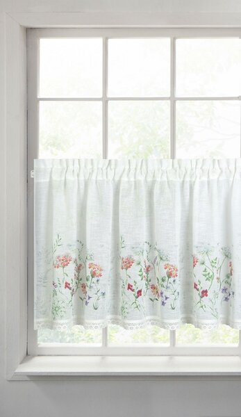 Biela záclona na páske SYLWIA s potlačou kvetov 150x60 cm