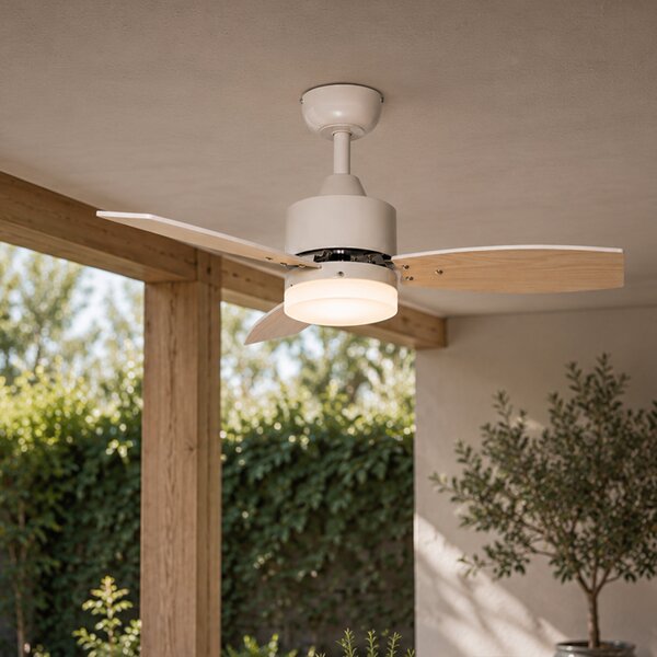Vonkajší stropný ventilátor biely s potlačou dreva 91,3 cm vrátane LED stmievateľný s diaľkovým ovládaním IP44 - Toledo