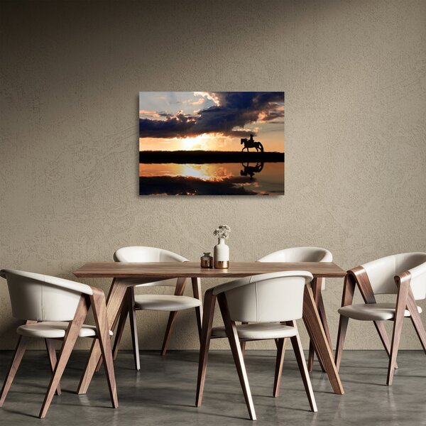 Sklenený obraz - Jazdec na koni pri západe slnka (70x50 cm)