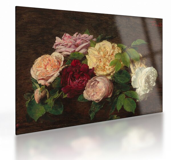 Sklenený obraz - Henri Fantin-Latour, Roses de Nice on a Table, reprodukcia (70x50 cm)