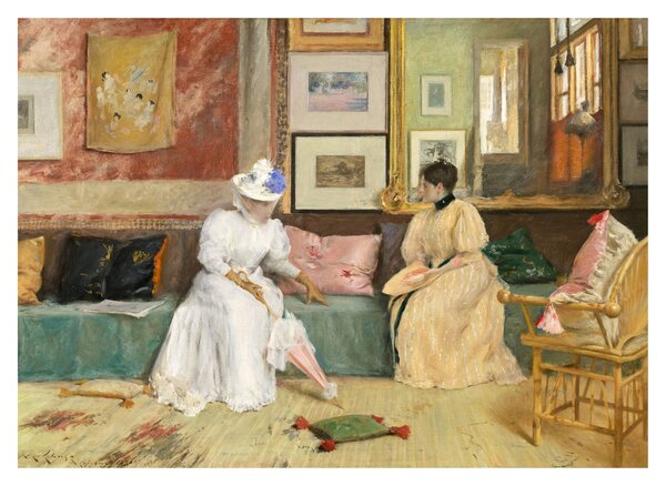 Sklenený obraz - William Merritt Chase, A Friendly Call, reprodukcia (70x50 cm)