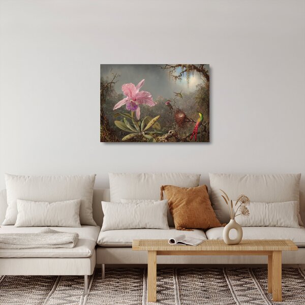 Sklenený obraz - Martin Johnson Heade, Cattleya Orchid and Three Hummingbirds, reprodukcia (70x50 cm)