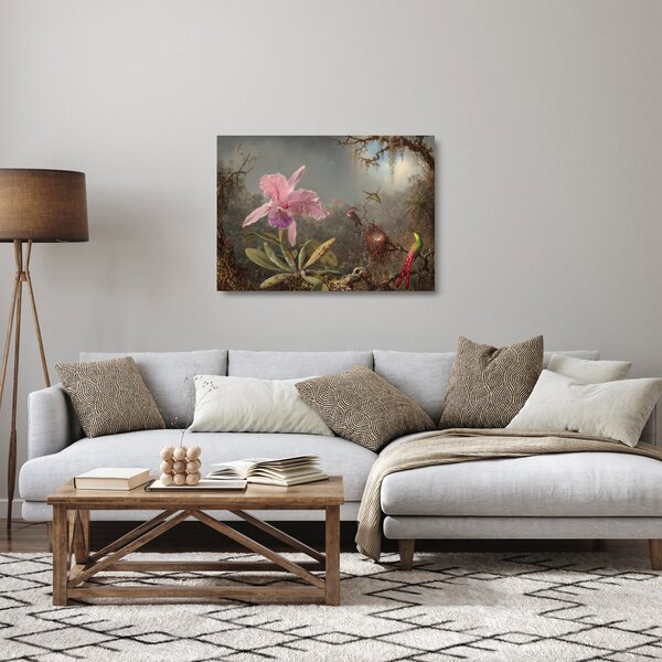 Sklenený obraz - Martin Johnson Heade, Cattleya Orchid and Three Hummingbirds, reprodukcia (70x50 cm)