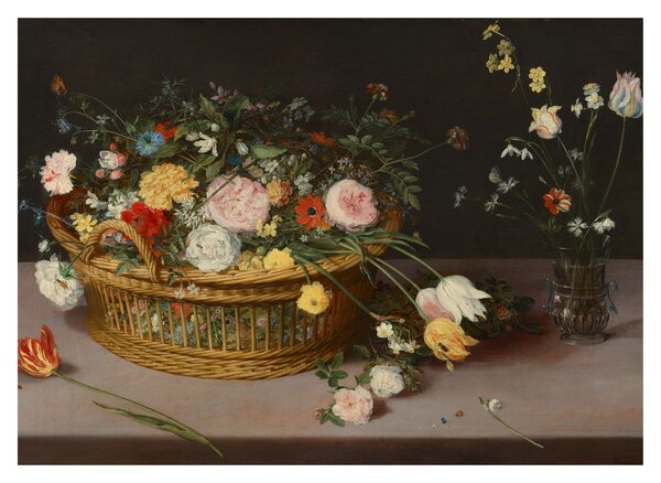 Sklenený obraz - Jan Brueghel the Elder, Flowers in a Basket and a Vase, reprodukcia (70x50 cm)