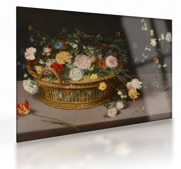 Sklenený obraz - Jan Brueghel the Elder, Flowers in a Basket and a Vase, reprodukcia (70x50 cm)