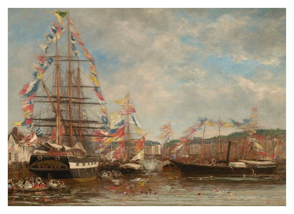 Sklenený obraz - Eugène Boudin, Festival in the Harbor of Honfleur, reprodukcia (70x50 cm)