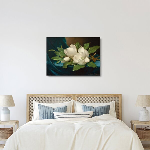 Sklenený obraz - Martin Johnson Heade, Giant Magnolias on a Blue Velvet Cloth, reprodukcia (70x50 cm)