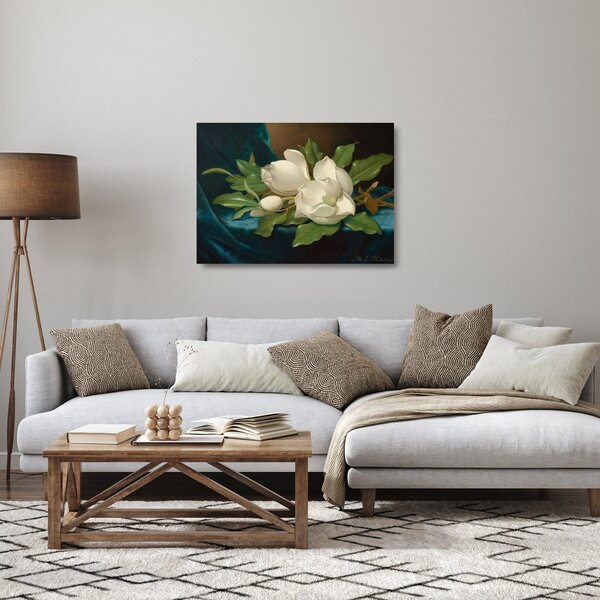 Sklenený obraz - Martin Johnson Heade, Giant Magnolias on a Blue Velvet Cloth, reprodukcia (70x50 cm)
