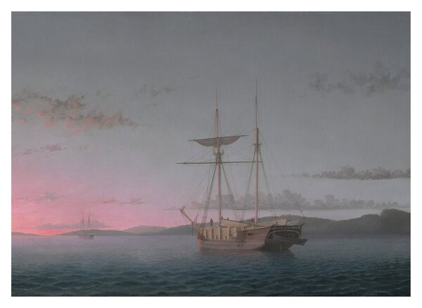 Sklenený obraz - Fitz Henry Lane, Lumber Schooners at Evening on Penobscot Bay, reprodukcia (70x50 cm)
