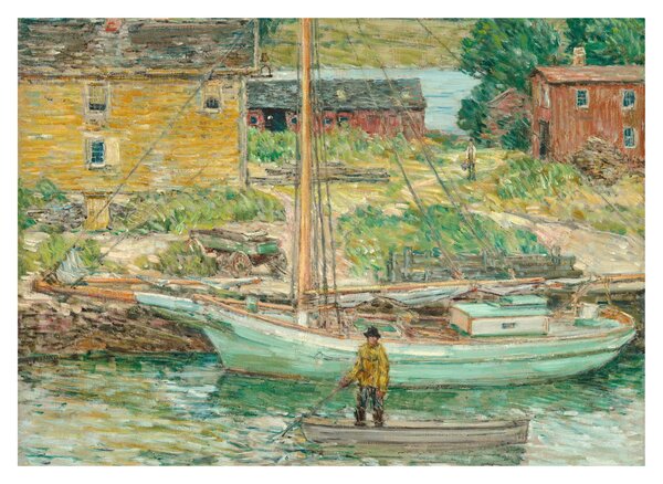 Sklenený obraz - Childe Hassam, Oyster Sloop, Cos Cob, reprodukcia (70x50 cm)