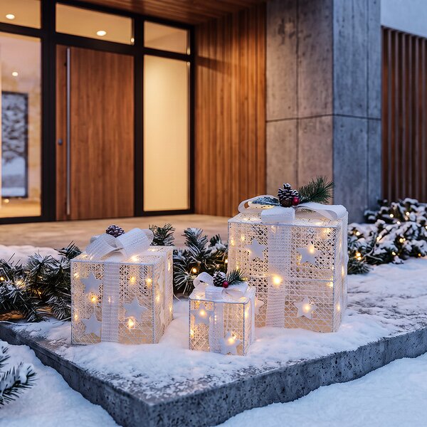 Solight sada 3 LED vánočních dárků, 48x LED, IP44, 230V, bílé provedení
