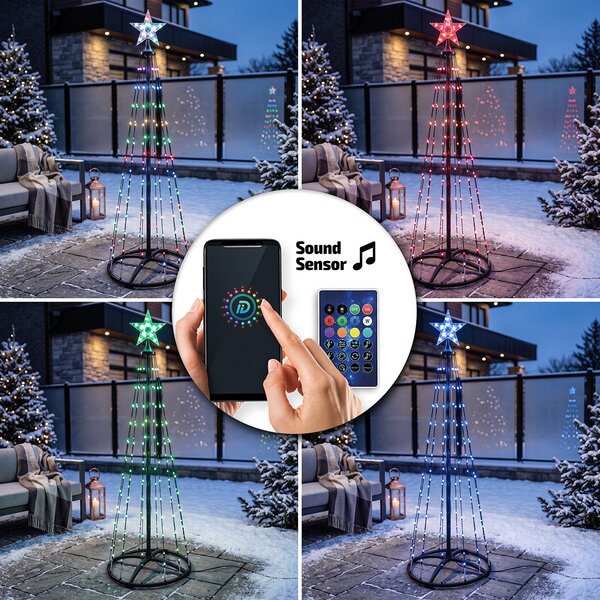 Solight smart vánoční stromek, 150 LED, 1,5m, IP44, RGB, dálkový ovladač + BT aplikace