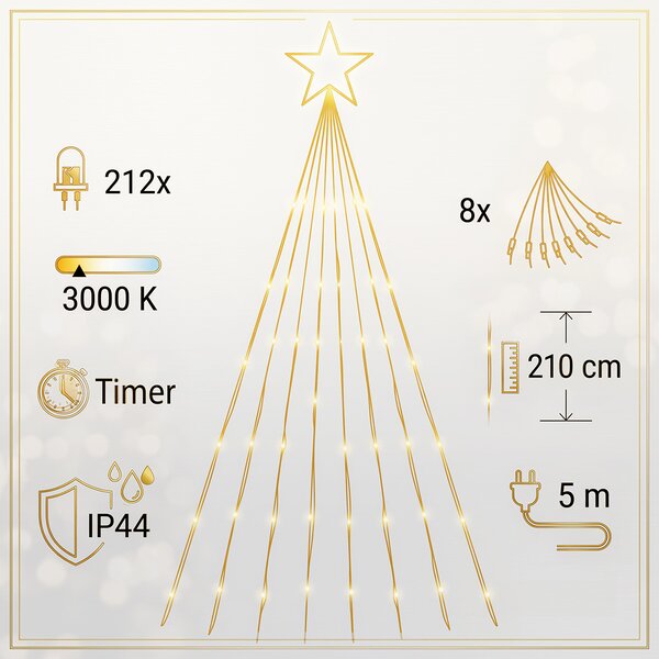 Solight LED řetěz s hvězdou na vánoční strom, výška 2,1m, 212 LED, IP44