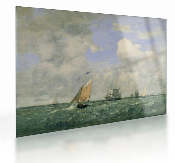 Sklenený obraz - Eugène Boudin, Ships and Sailing Boats Leaving Le Havre, reprodukcia (70x50 cm)