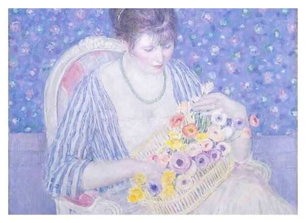 Sklenený obraz - Frederick Carl Frieseke, The Basket of Flowers, reprodukcia (70x50 cm)