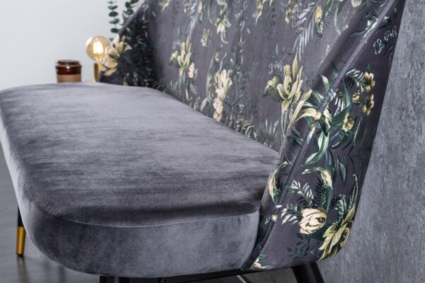 Moderná art-deco čalúnená lavica Floreque do predsiene so sivým zamatovým poťahom s florálnym motívom 130cm