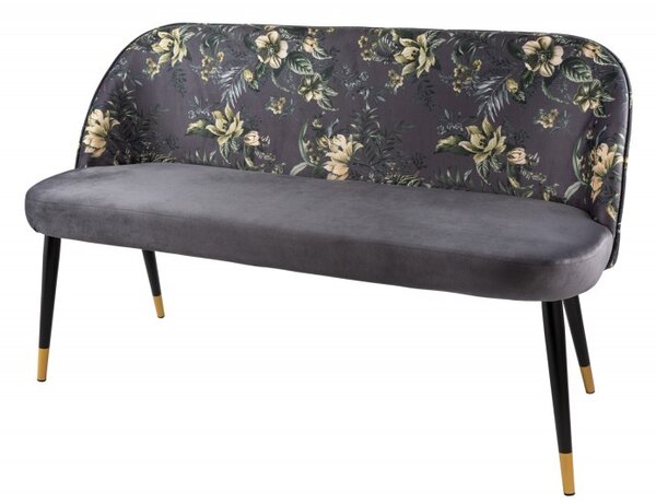 Moderná art-deco čalúnená lavica Floreque do predsiene so sivým zamatovým poťahom s florálnym motívom 130cm