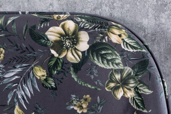 Moderná art-deco čalúnená lavica Floreque do predsiene so sivým zamatovým poťahom s florálnym motívom 130cm