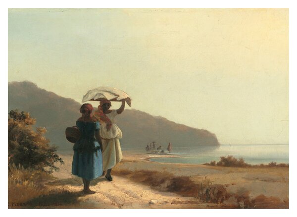Sklenený obraz - Camille Pissarro, Two Women Chatting by the Sea, St. Thomas, reprodukcia (70x50 cm)