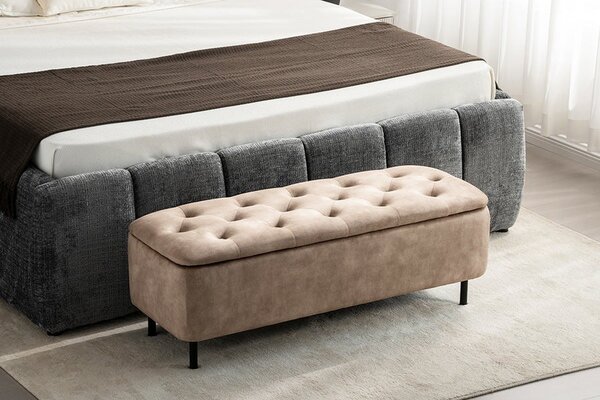 Moderná čalúnená lavica Eliana s úložným priestorom s béžovým zamatovým poťahom s chesterfield prešívaním na sedadle 120 cm
