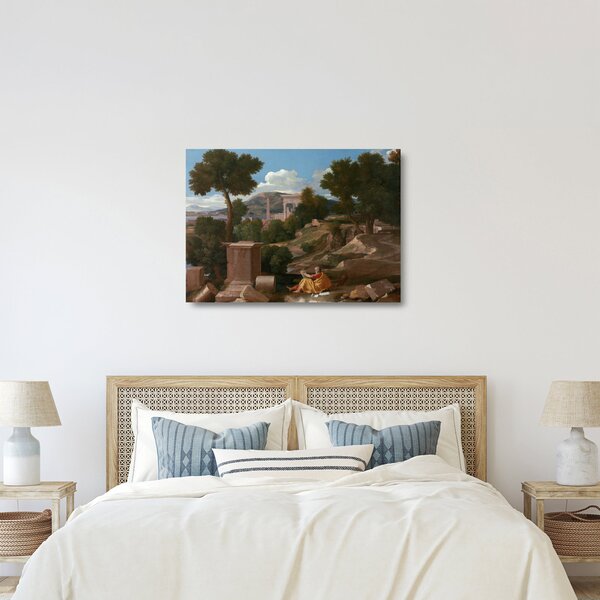 Sklenený obraz - Nicolas Poussin, Landscape with Saint John on Patmos, reprodukcia (70x50 cm)