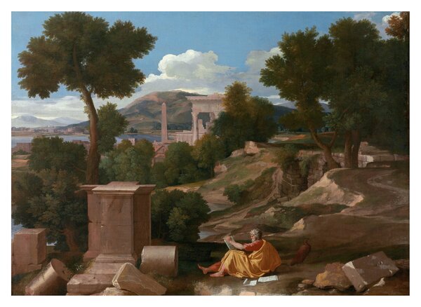 Sklenený obraz - Nicolas Poussin, Landscape with Saint John on Patmos, reprodukcia (70x50 cm)