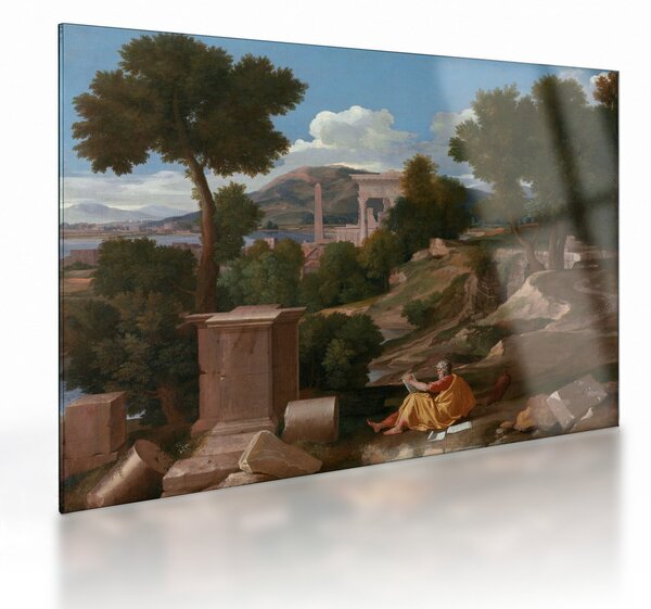 Sklenený obraz - Nicolas Poussin, Landscape with Saint John on Patmos, reprodukcia (70x50 cm)