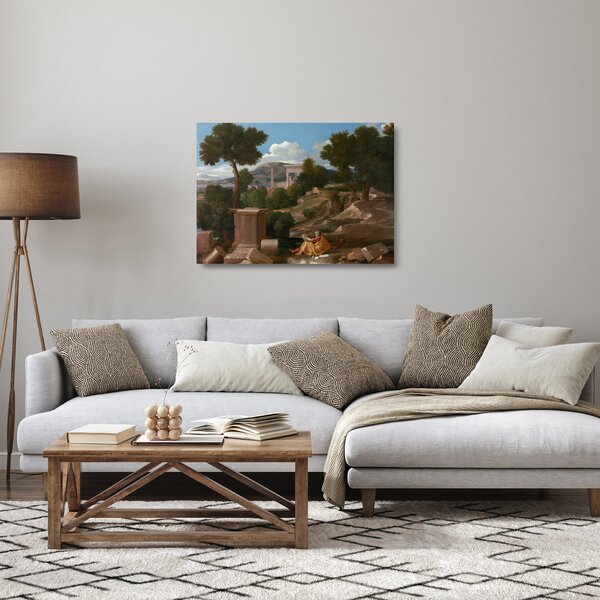 Sklenený obraz - Nicolas Poussin, Landscape with Saint John on Patmos, reprodukcia (70x50 cm)
