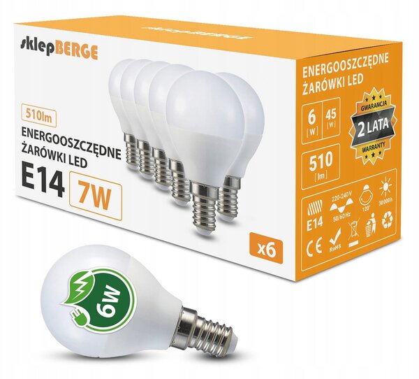 6x LED žiarovka E14 g45 7W 620lm - studená biela