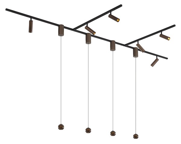 Moderný koľajnicový systém so 6 bodovými svetlami a 4 závesnými svetlami Easylift tmavý bronz 1-fázový - Slimline Uzzy Tira