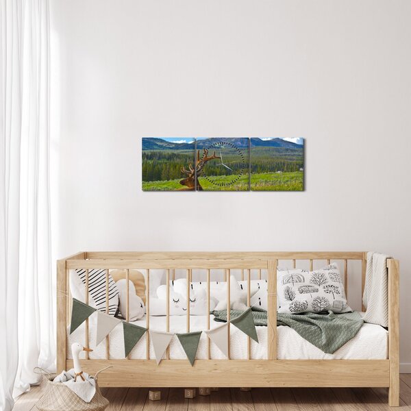 Obraz - Jeleň v lúke (s hodinami) (90x30 cm)