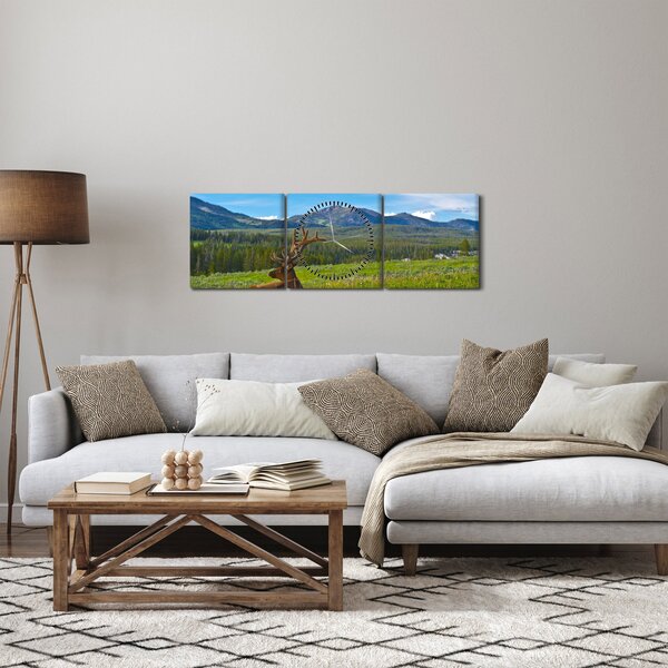 Obraz - Jeleň v lúke (s hodinami) (90x30 cm)